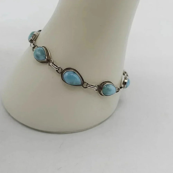 Sterling Silver Blue Larimar Tear Drop Chain Bracelet 7.5 in 10.62g - Picture 2 of 6